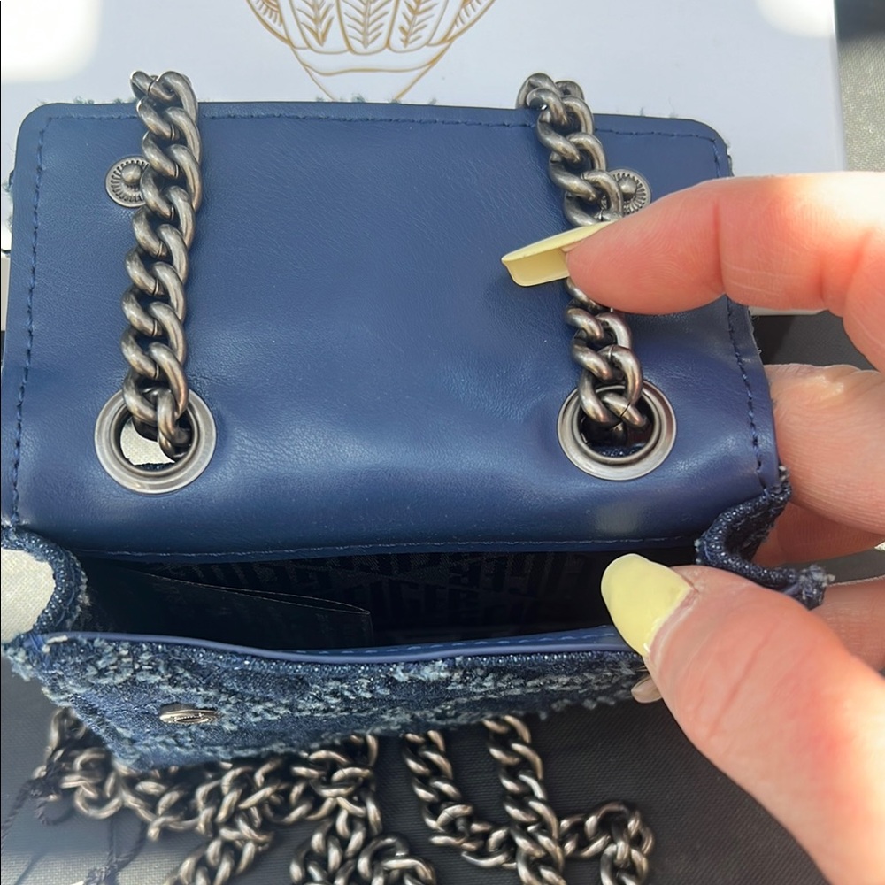 Kurt Geiger Denim Micro Brixton Bag with Silver Chain NWT - Picture 5 of 6